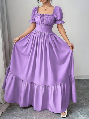 Women's Square Neck Bubble Sleeve Bow Front Open Back High Waist Dress