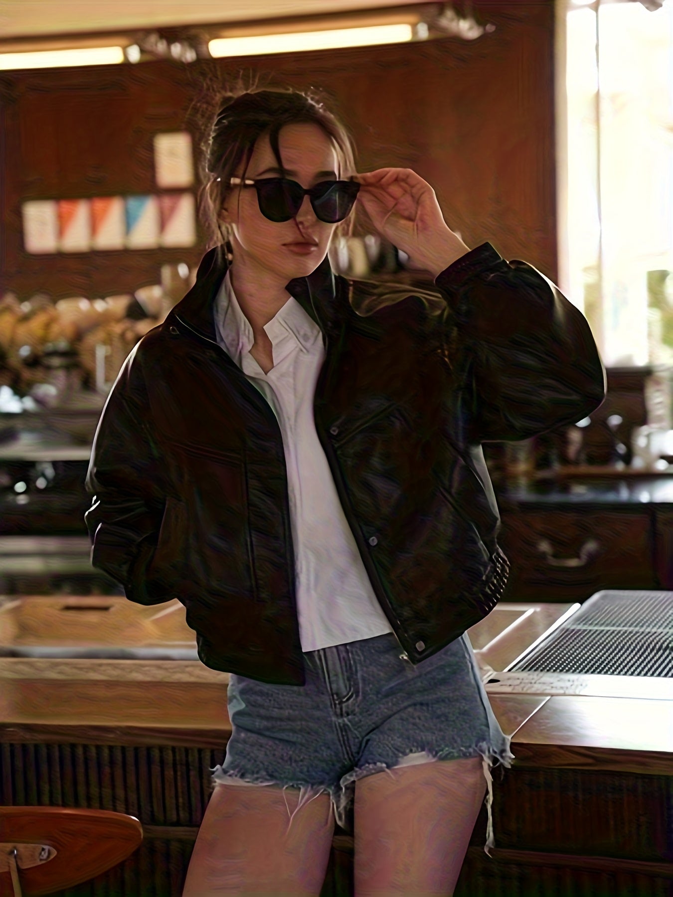 Casaco de Mulher em PU de Cor Sólida com Gola Alta e Bolso com Fecho, Estilo OUTTA BOX, Elegante e Casual, Doce e Cool, Adequado para Uso Diário, Festas, Outono e Inverno, Natal, Ano Novo.