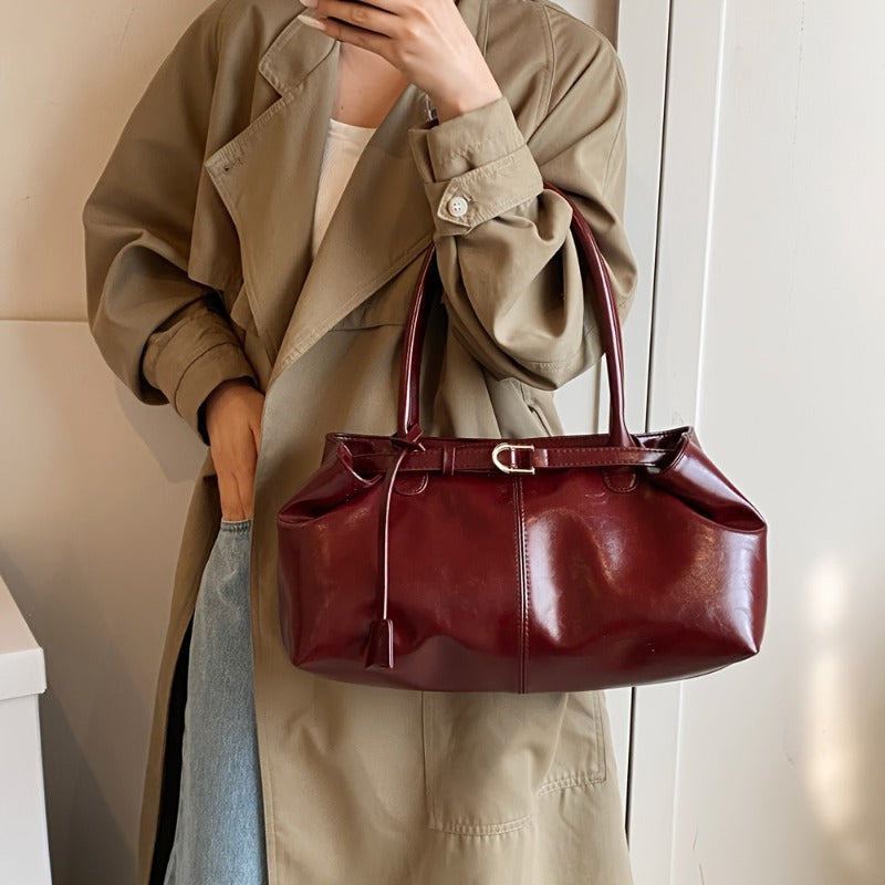 Bolsa Feminina Elegante - Tote de Grande Capacidade com Fecho IC e Detalhes Dourados, Preto Brilhante/Marrom Cintilante/Vermelho/Café - Bolsa Redonda Minimalista para Viagem ou Uso Diário - Necessaire Durável, Bolsas para Mulheres, Bolsa Tote para Mulheres, Bolsa de Ombro para Mulheres, Bolsas Tote para Mulheres, Bolsas Modernas para Mulheres, Bolsas de Mão para Mulheres, Bolsa Urbana, Bolsas para Mulheres, Bolsa Tote de Grande Capacidade, Mochila Universitária,