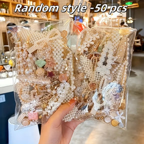 Conjunto de 50 Clipes de Cabelo Elegantes com Laço de Pérola, Acessórios de Cabelo de Estilo Francês, Clipes de Tassel Lateral Exquisitos de Estilo Coreano, Clipes de Pato de Plástico, Acessórios de Moda (Estilos Pode Variar).