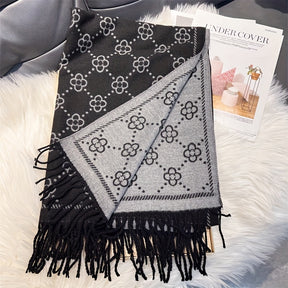 Cachecol de Luxo Imitação Caxemira para Mulher - Elegante Envolvimento de Xaile de Dupla Face, Acessório de Inverno Macio e Quente para Looks Formais e Diários - Cachecol de Moda Sofisticado para Clima Frio em Preto e Cinzento, Envolvimento de Pescoço Versátil, Tecido Jacquard, Tecido Premium