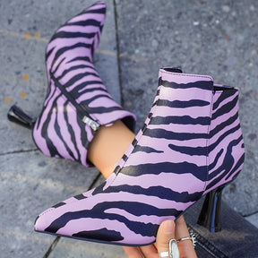 Botas Curtas de Salto Alto com Estampa de Zebra para Mulheres, Sapatos Casuais Confortáveis