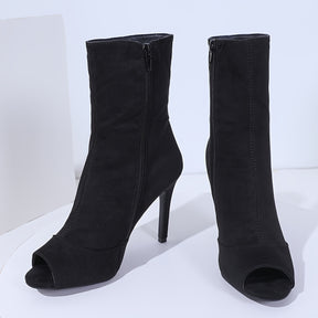 Botas de Salto Alto Plataforma Abertas na Ponta para Mulheres - Parte Superior em Tecido Preto com Fecho de Zíper, Botinhas Versáteis para Todas as Estações e Looks, Calçado Formal, Design Descolado, Sola de Borracha Durável, Sapatos de Festa, Calçados Elegantes