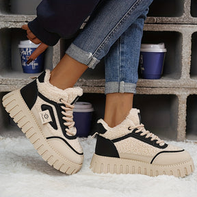 Botins de Inverno Quentes com Forro de Lã para Mulher - Botas de Neve Aconchegantes de Biqueira Redonda com Fecho de Cordões, Tração Antiderrapante, Sola de Borracha Espessa e Forro Aveludado, & Sapatos Casuais Castanhos para Clima Frio, Botas de Inverno