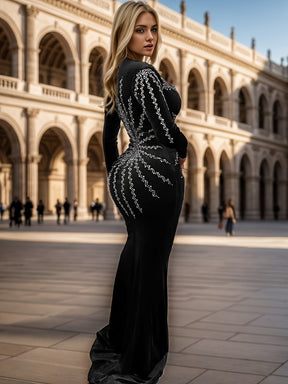 Vestido Sereia Elegante de Mangas Compridas com Detalhes em Cascata - Tamanho Adulto, Coleção Outono/Inverno