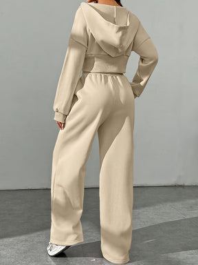 Conjunto Casual Feminino de Duas Peças em Cor Sólida: Jaqueta com Capuz e Zíper & Calças Jogger com Cintura Elástica - Poliéster, Lavável à Máquina