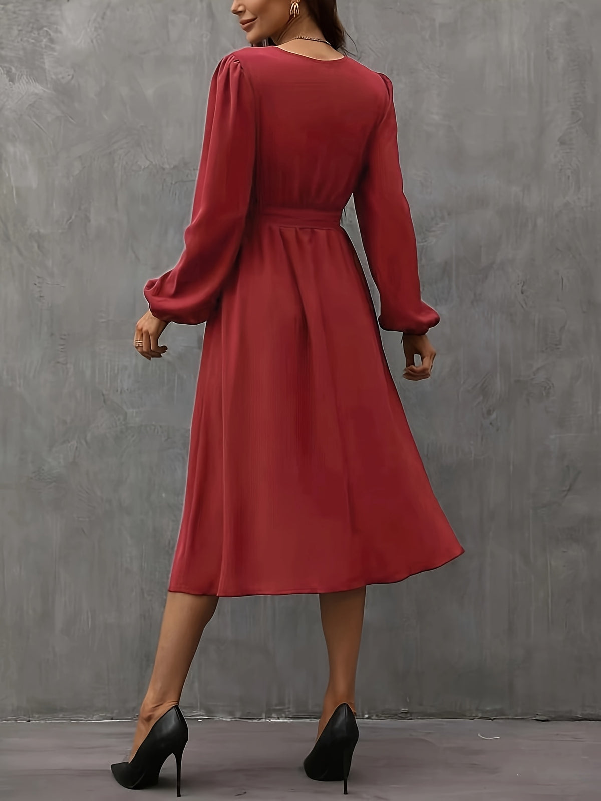 Vestido de Mulher Francês Vintage Borgonha com Decote em V, Mangas com Folhos e Laço na Cintura - Vestido Elegante de Festa, Casamento, A-Line, Corte Flattering para Gala de Natal