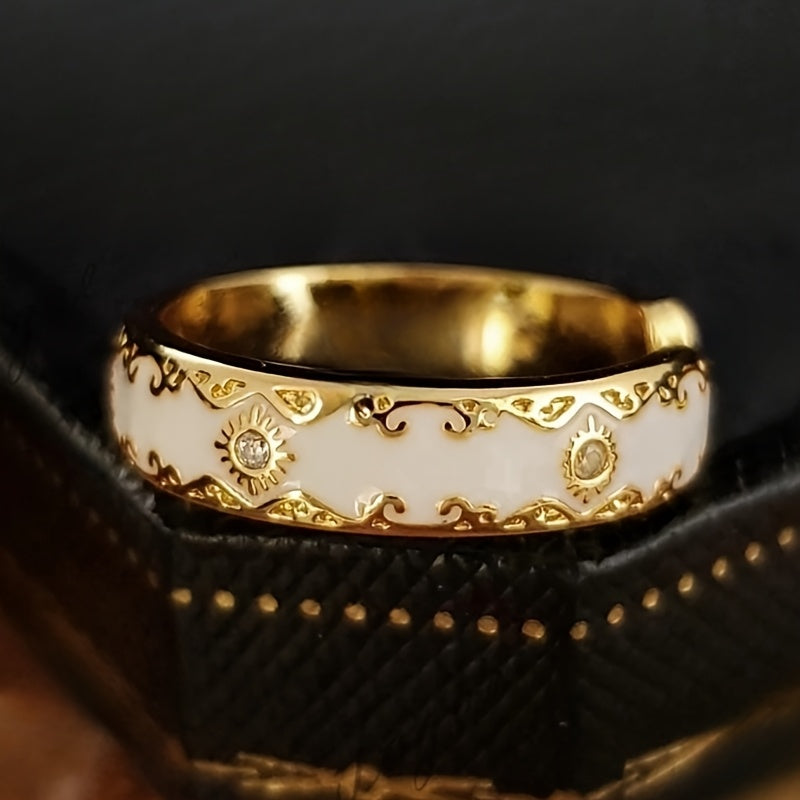 1pc READKISS Anel Largo de Mulheres Inspirado no Vintage com Acessórios de Zircônia Sintética, Floral e Lua Estrela em Esmalte Dourado - Ideal para Uso Diário e Festas, Joias de Festa | Anel Inspirado no Vintage | Acessórios de Zircônia Sintética