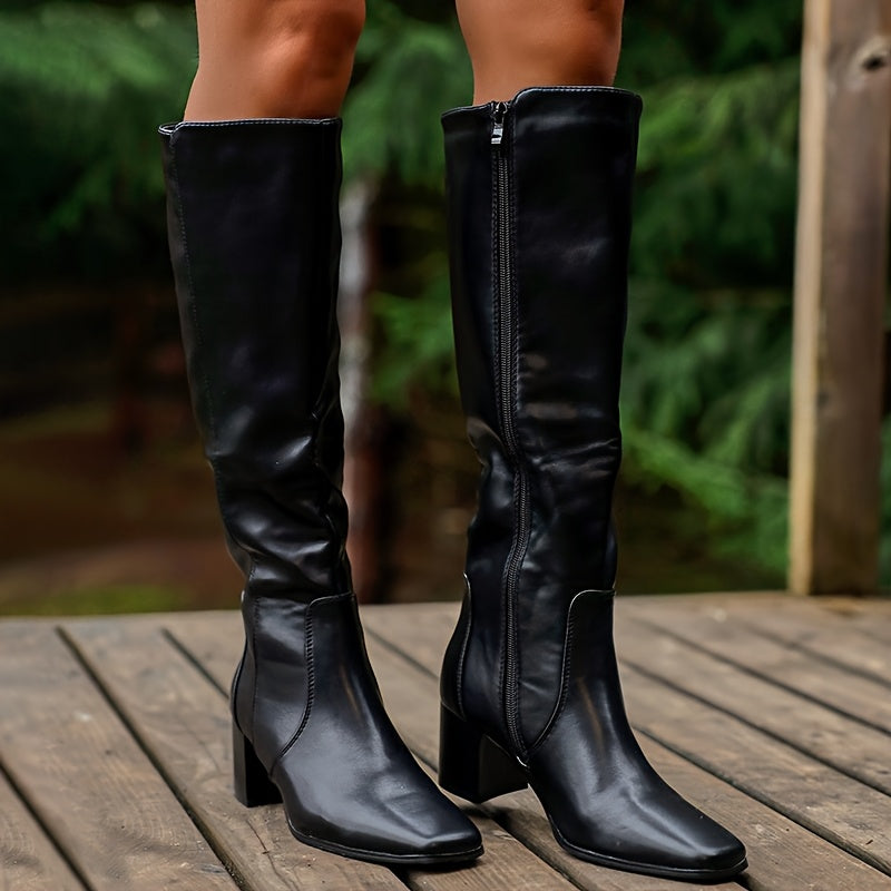 Botas de cano alto para mulheres, botas de salto médio com bloco grosso, ponta quadrada, botas altas com fecho lateral e zíper, botas longas de salto alto para mulheres