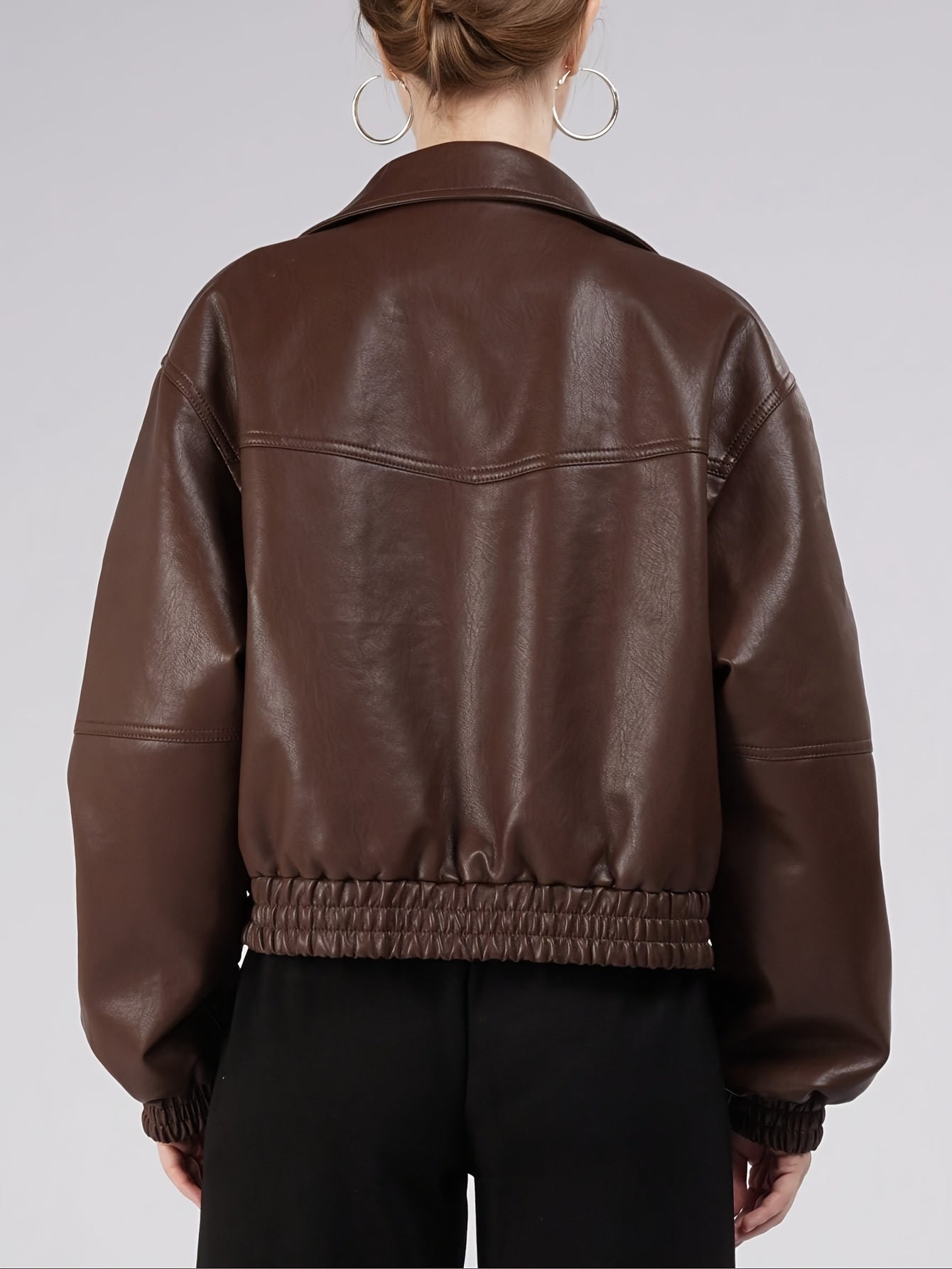 Casaco de Mulher em PU de Cor Sólida com Gola Alta e Bolso com Fecho, Estilo OUTTA BOX, Elegante e Casual, Doce e Cool, Adequado para Uso Diário, Festas, Outono e Inverno, Natal, Ano Novo.