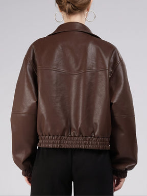 Casaco de Mulher em PU de Cor Sólida com Gola Alta e Bolso com Fecho, Estilo OUTTA BOX, Elegante e Casual, Doce e Cool, Adequado para Uso Diário, Festas, Outono e Inverno, Natal, Ano Novo.