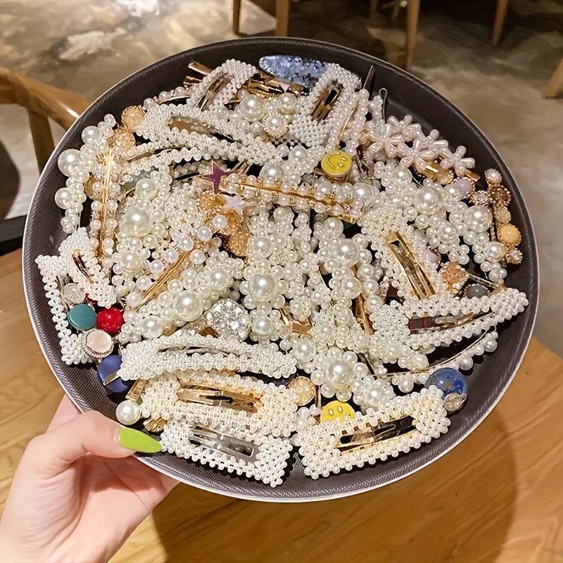 Conjunto de 50 Clipes de Cabelo Elegantes com Laço de Pérola, Acessórios de Cabelo de Estilo Francês, Clipes de Tassel Lateral Exquisitos de Estilo Coreano, Clipes de Pato de Plástico, Acessórios de Moda (Estilos Pode Variar).