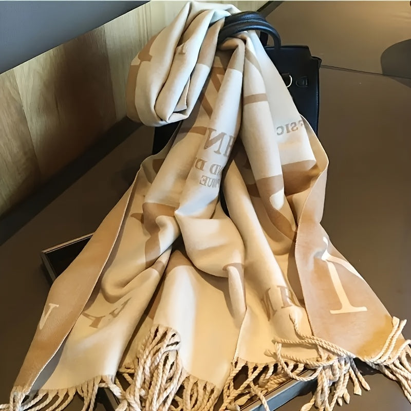 Cachecol espesso e elegante reversível para mulheres - Xale de poliéster quente e macio com franjas, design listrado bege e marrom, perfeito para camadas no outono e inverno