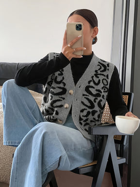 Novo Colete Feminino Elegante com Decote em V e Botões Abertos sem Mangas Estampa de Leopardo - Tamanho Único