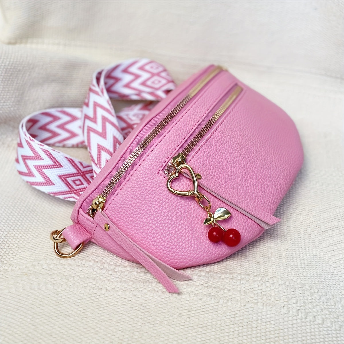 Bolsa de ombro boémia para mulheres com bloco de cores e charme de cereja - Alça ajustável, fecho de correr, forro de poliéster, perfeita para uso diário ou corrida desportiva, bolsa de ombro, acessório casual, pompon decorativo, fecho de correr durável