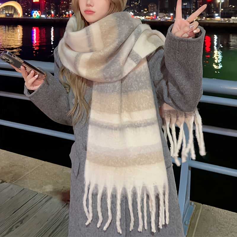 Cachecol Elegante de Inverno para Mulheres - Franja Grossa em Bege/Marrom/Preto/Branco - Acessório Antirretração e Respirável para Esqui, Viagens, Ao Ar Livre - Colar Macio e Quente (Lavável à Mão) - Cachecol de Pescoço Antiderrapante para Todos os Beiges