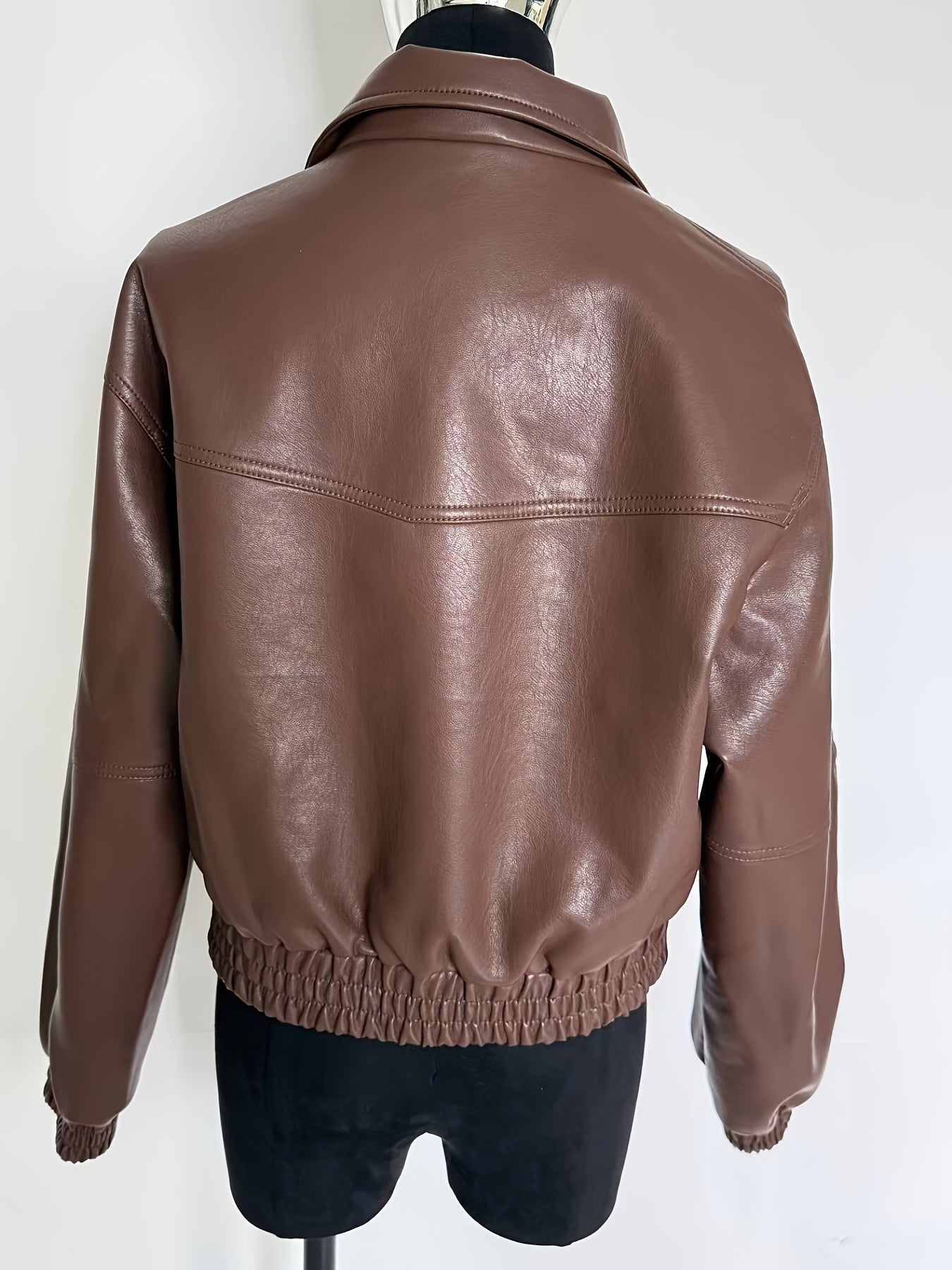 Casaco de Mulher em PU de Cor Sólida com Gola Alta e Bolso com Fecho, Estilo OUTTA BOX, Elegante e Casual, Doce e Cool, Adequado para Uso Diário, Festas, Outono e Inverno, Natal, Ano Novo.