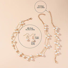 4 Peças Conjunto de Joias Elegante Vintage com Pérola Imitação - Colar Multicamadas, Brincos e Pulseira em Perelecação Dourada KC Espaçadores Ouro Banhado Presente Luxuoso para Casamento, Aniversário, Festa Acessível