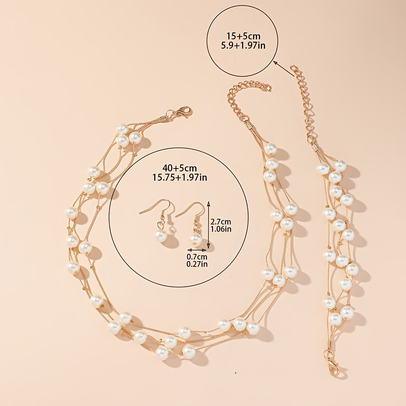 4 Peças Conjunto de Joias Elegante Vintage com Pérola Imitação - Colar Multicamadas, Brincos e Pulseira em Perelecação Dourada KC Espaçadores Ouro Banhado Presente Luxuoso para Casamento, Aniversário, Festa Acessível