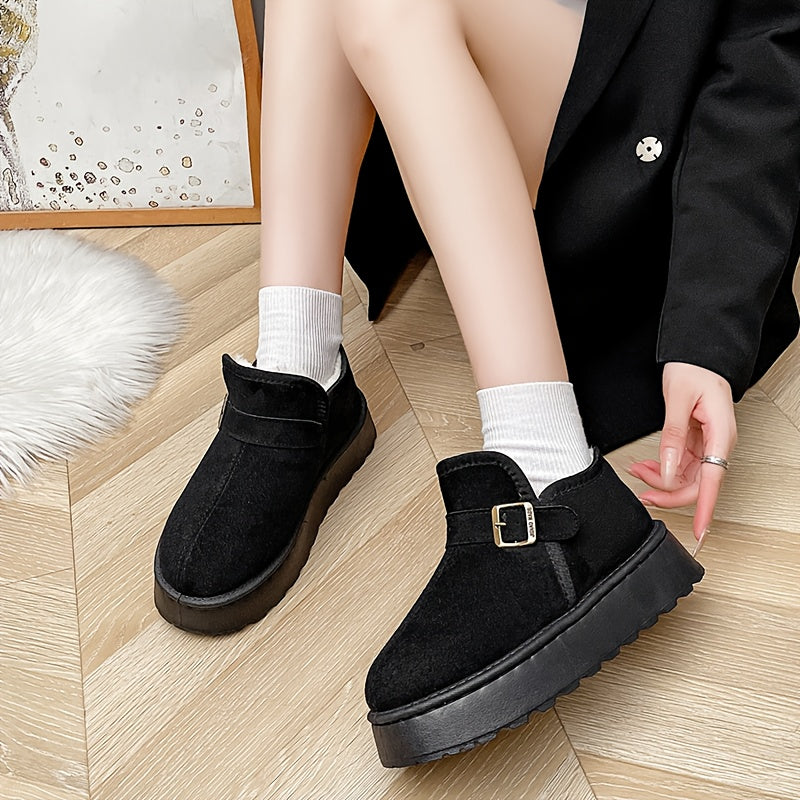 Botas de Tornozelo Termais para Mulheres com Sola Grossa - Marrom/Bege/Taupe Solido, Design Mocassim Estilo Plataforma, Sem Cadarço e Fechamento por Fivela, Bico Redondo & Arco Plantado - Botas Quentes Invernais Casual ou Social (Opções Multicoloridas) - Parte Superior em Tecido Uni e PU na Palmilha, Zíper Não Incluso, Base Robusta Em PU, Ótimas Para Clima Gelado E Camadas Minimalistas