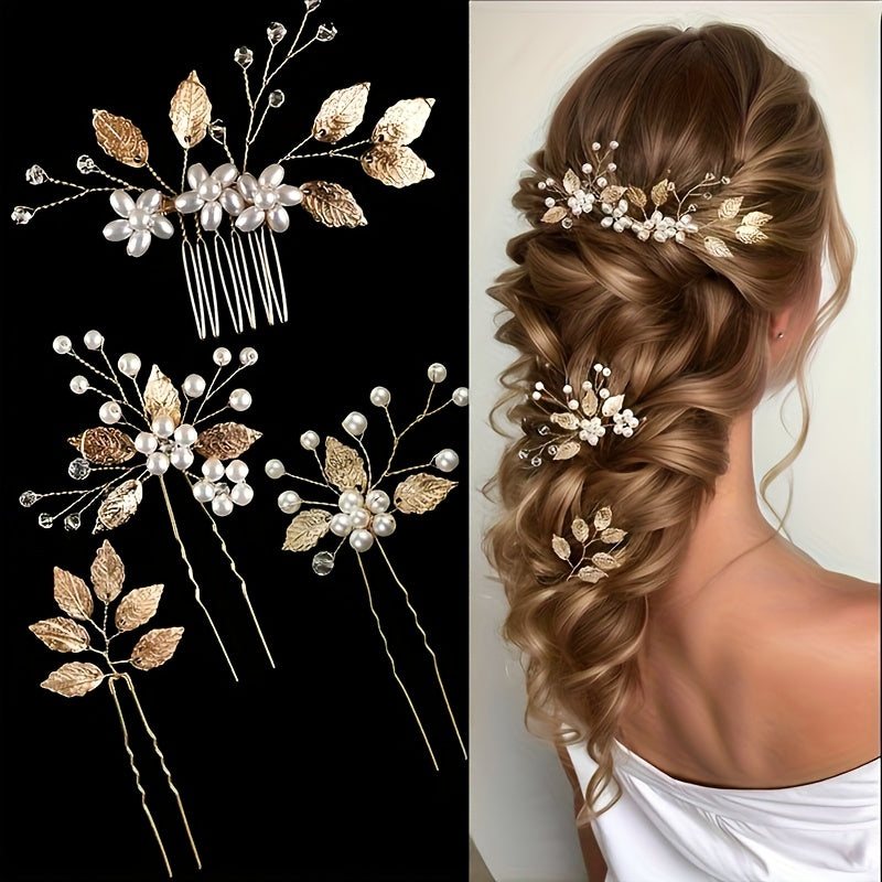 Conjunto de 4 peças de acessórios elegantes para o cabelo de casamento - Imitação de pérola, cristal, rhinestone, pente, clipe e peças de flores para noivas e damas de honra, acessórios para o cabelo de casamento para a noiva, acessório para o cabelo de mulher, agulha para o cabelo, acessório para o cabelo de noiva