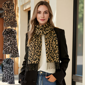 Lenço de leopardo para mulheres - Elegante envoltório de pescoço com estampa animal, suave e quente, à prova de vento, acessório de inverno para ocasiões diárias e formais, lenço elegante não elástico em preto/bege/, presente de férias perfeito para mulheres, moda sazonal, envoltório elegante, material premium, amantes da moda