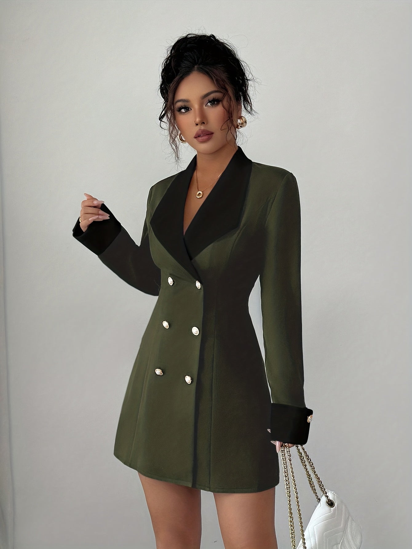 Women's French Elegant Collar Short Dress - Black & White Structured A-Line Short Dress with Double-Breasted Front Closure, Machine Washable All-Season Party Wedding Date Night Outfit, Tailleur-Inspired Jacket-Like Fit