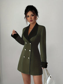 Women's French Elegant Collar Short Dress - Black & White Structured A-Line Short Dress with Double-Breasted Front Closure, Machine Washable All-Season Party Wedding Date Night Outfit, Tailleur-Inspired Jacket-Like Fit