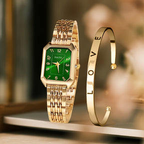 Um conjunto de relógio de duas peças para mulheres, incluindo um relógio de quartzo casual, um mostrador retangular clássico vintage e uma pulseira de liga confortável, tornando-o um presente perfeito para família e amigos, ideal para o Dia de Páscoa ou uso casual (caixa não incluída).