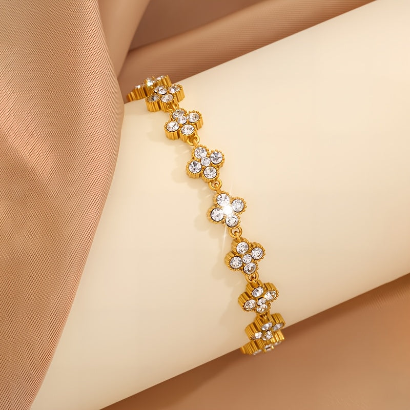 1pc Pulseira Elegante de Aço Inoxidável - Design Floral Trevo de Quatro Folhas com Corrente Verde e Tom Dourado, Compatível para Uso Diário, Festas ou Formais - Presente Perfeito de Aniversário/Aniversário para Ele - Joia Masculina para o Ano Todo, Acessório Estiloso, Artesanato Fino, Moda para Amantes da Estética