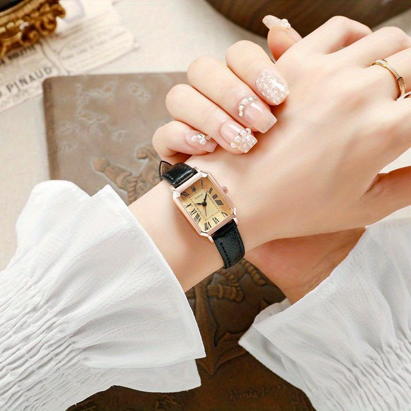 Relógio Analógico Vintage Feminino com Caixa Redonda e Pulseira de PU - Mostrador Minimalista com Subdial Retangular Pequeno, Movimento a Quartzo para Ocasiões Casuais e Elegantes, Relógio de Pulso Elegante para o Dia a Dia