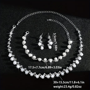 Conjunto de colar, pulseira e brincos de pérolas de imitação de luxo - Elegante em branco K dourado, material principal de cobre, perfeito para festas e banquetes, acessório para o Dia de Ação de Graças, joias para todas as estações, acessórios para festas | Acessório elegante | Joias de pérolas de imitação