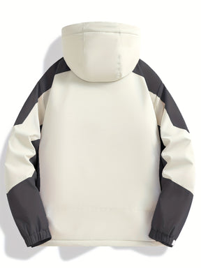 Jaqueta de Esqui Feminina à Prova de Vento e Isolada - Casaco de Inverno com Capuz, Bloco de Cores Branco/Preto, Mangas Longas com Bolsos Zíperados para Ski Alpino/Freestyle & Snowboard - Lavável em Máquina, Equipamento para Clima Frio, Estética Moderna, Material de Alta Performance, Para Entusiastas do Ar Livre