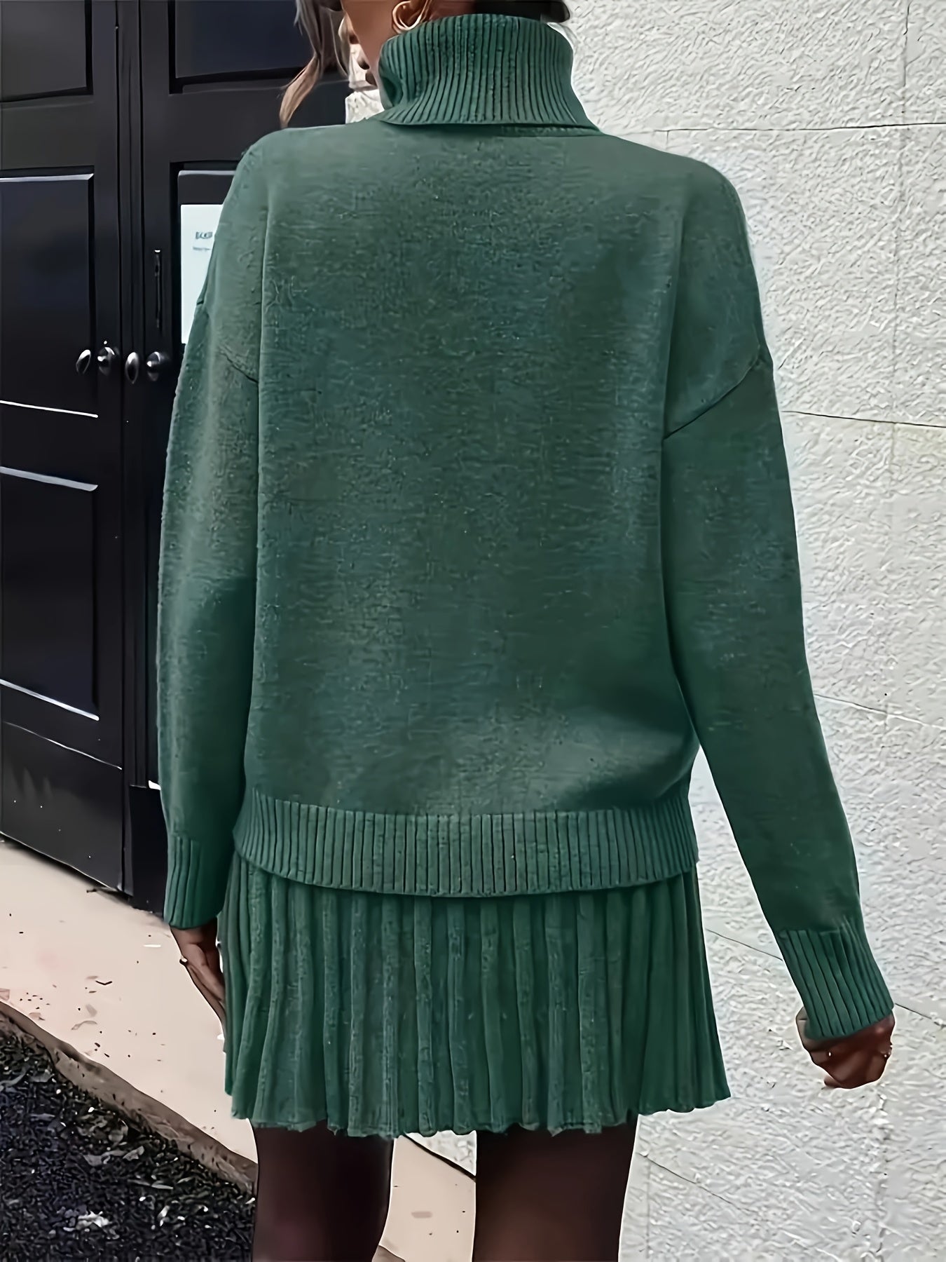 Conjunto Elegante de Camisola de Gola Alta e Saia de Cor Lisa para Mulher - Manga Comprida, Bainha com Folhos, Roupa de Outono/Inverno, Estilo Casual Chic, Perfeito para Roupa Casual, Roupa Aconchegante de Outono, |Estilo Elegante|construção, Vestido de Camisola