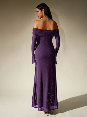 Vestido Longo de Malha Brilhante com Mangas Sino e Ombro a Descoberto, Dupla Camada, Costas Abertas para Festa - Marrom