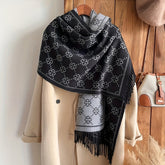 Cachecol de Luxo Imitação Caxemira para Mulher - Elegante Envolvimento de Xaile de Dupla Face, Acessório de Inverno Macio e Quente para Looks Formais e Diários - Cachecol de Moda Sofisticado para Clima Frio em Preto e Cinzento, Envolvimento de Pescoço Versátil, Tecido Jacquard, Tecido Premium