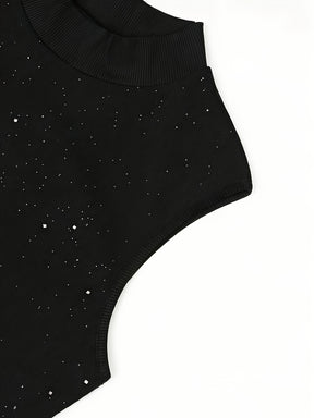 Vestido Bodycon Preto Brilhante, Decote Alto Sem Mangas Estilo Fashion para Selfies