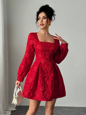 Vestido Elegante Vermelho Feminino - Manga Longa com Barra Flare, Lavável à máquina para Festas e Escritório ou Uso Diário em Todos os Estilos de Roupagem