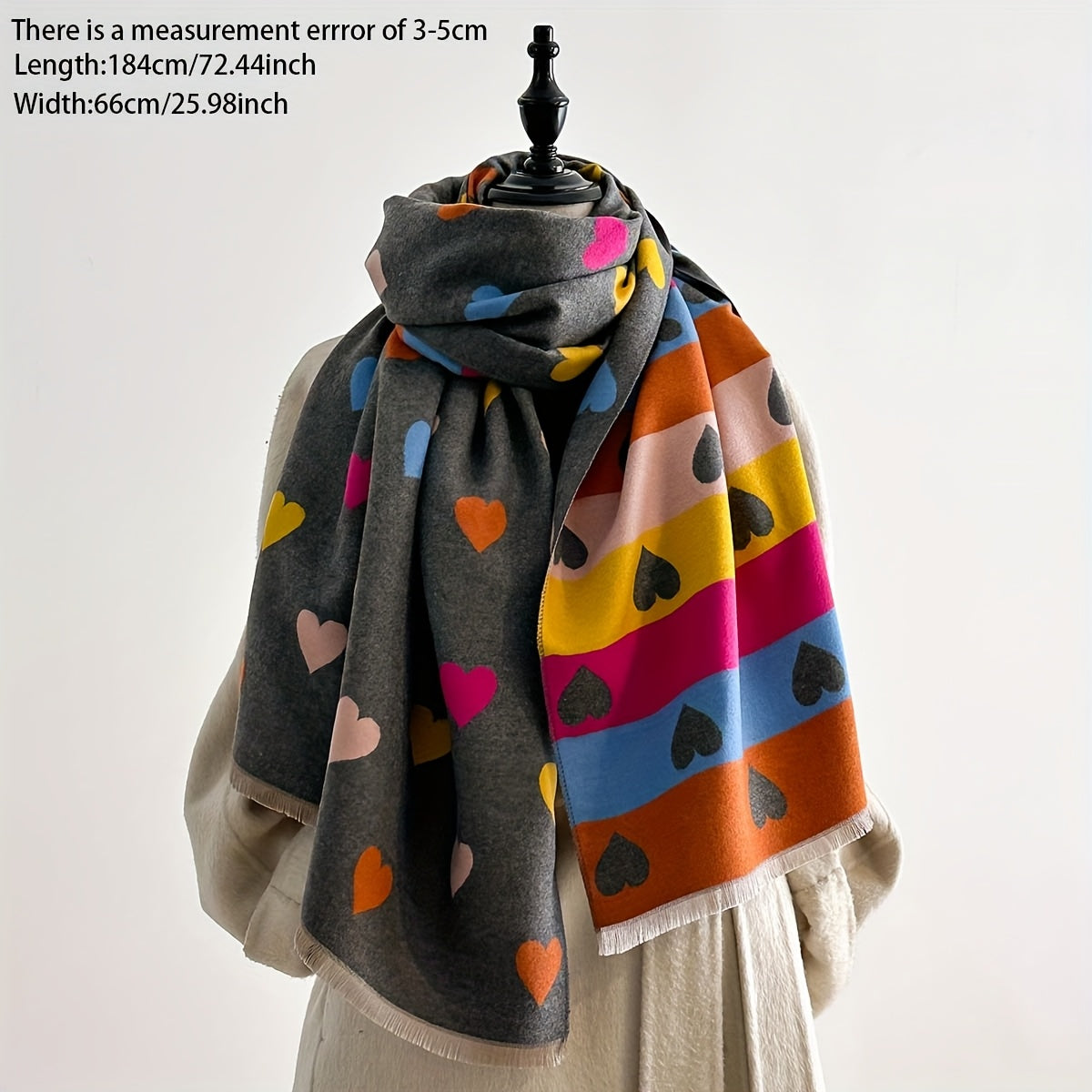 Elegante Cachecol Reversível Feminino com Estampa de Coração - Macio e Quente Bege/Marrom/Vermelho/Cinza/Branco com Padrão de Coração Preto, Perfeito para Festas, Encontros e Uso Casual - Acessório de Inverno Versátil, Lavável à Mão, Cachecol de Inverno Feminino, Cachecol Elegante Feminino, Xale de