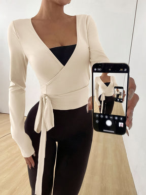 Elegant V-Neck Long Sleeve Crop Top - Soft & Stretchy, Minimalist Design, Perfect for & Fitness, Spring/Summer Fashion, Crop Top|Minimalist Fashion|Stretchy Fabric