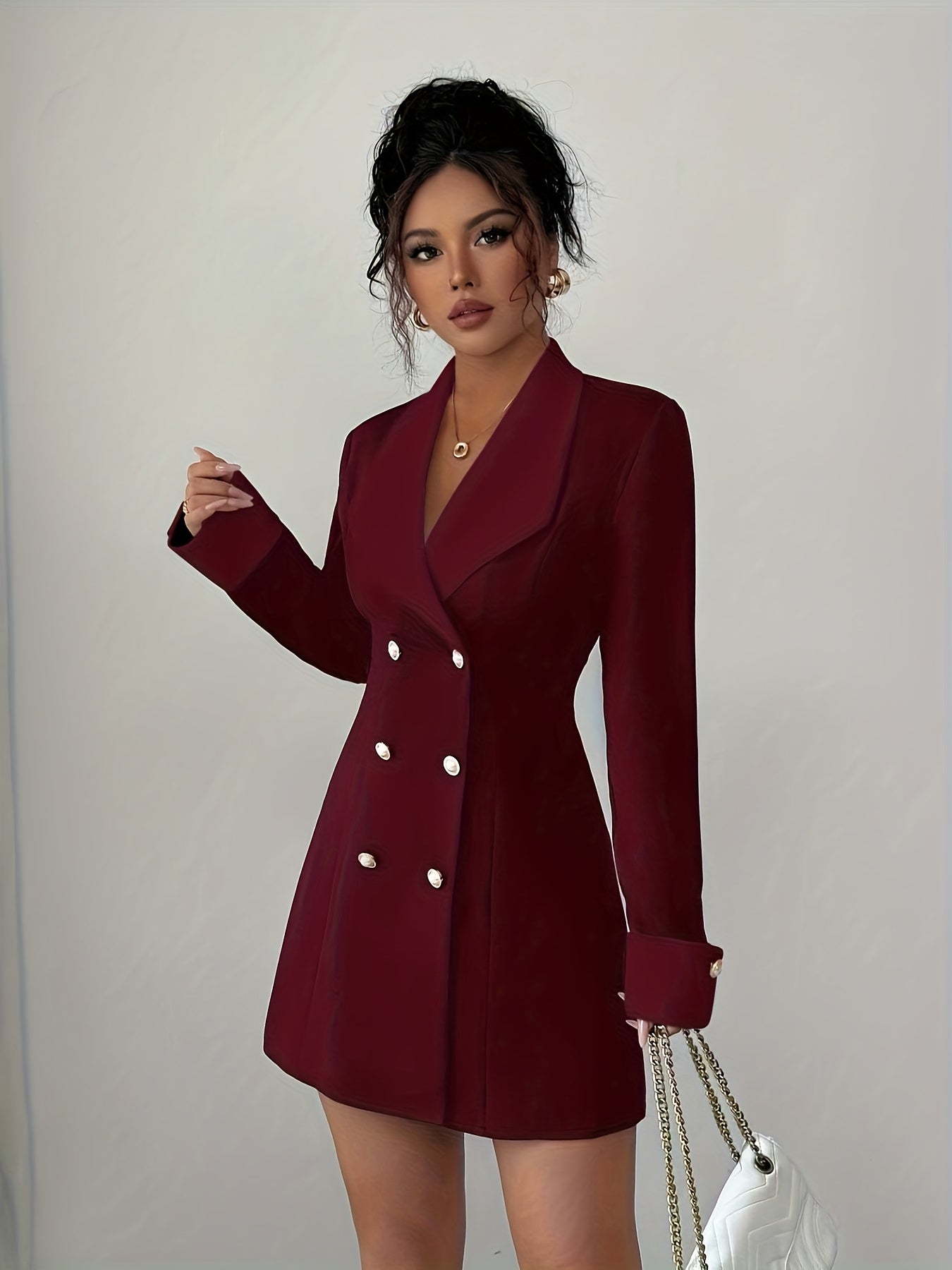 Women's French Elegant Collar Short Dress - Black & White Structured A-Line Short Dress with Double-Breasted Front Closure, Machine Washable All-Season Party Wedding Date Night Outfit, Tailleur-Inspired Jacket-Like Fit