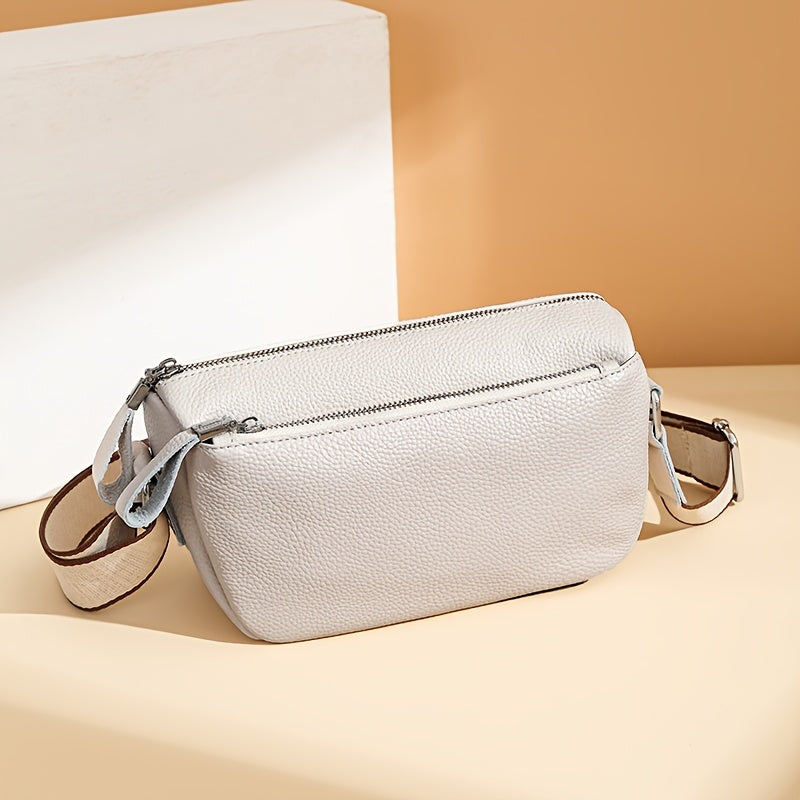 Bolsa Transversal de Couro Genuíno para Mulheres - Grande Capacidade, Alça Ajustável, Fecho de Zíper, Cor Sólida (Caqui/Marrom Claro/Branco/Preto) - Forrada em Poliéster & Acabamento com Bordas Oleadas para Durabilidade - Uso Versátil Diário e Ocasiões Especiais, Bolsa Segura para Viagem, Acessório Elegante, Acabamento Resistente, Bolsa Casual, Estilo Clássico, Costuras de Alta Qualidade, Bolsa Espaçosa, Estilosa