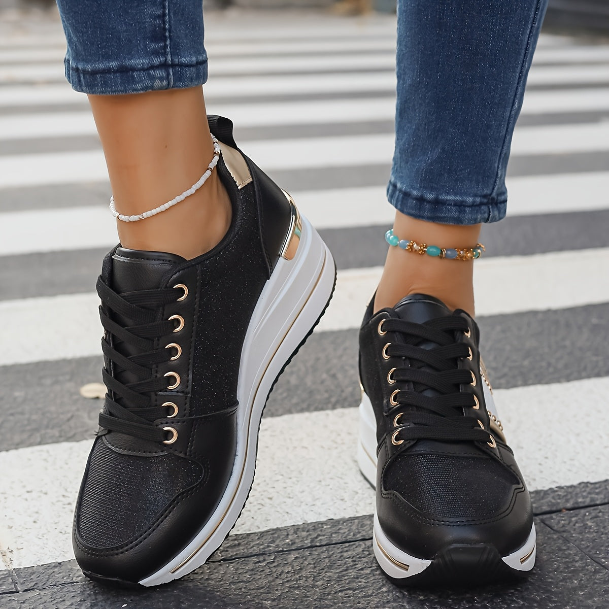 Women'S Stylish Black Sneakers with 2.76inch Insole - Non-Slip, All-Season Comfort, Motion-Control Support, Polyurethane Upper, Fabric Lining & Sole, Casual Elegance, Casual Footwear | Stylish Sneakers | Comfortable Footwear