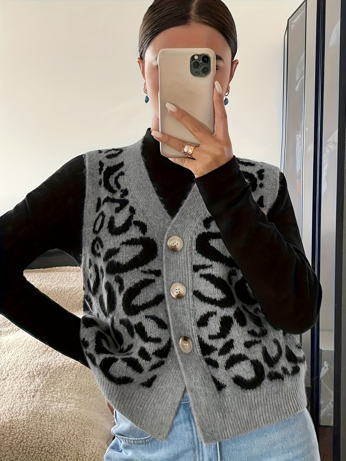 Novo Colete Feminino Elegante com Decote em V e Botões Abertos sem Mangas Estampa de Leopardo - Tamanho Único