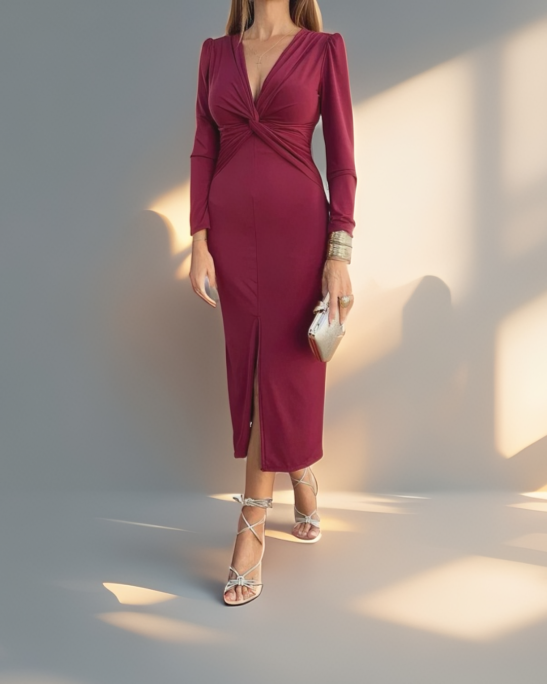 Elegant V-Neck Bodycon Dress with High Split