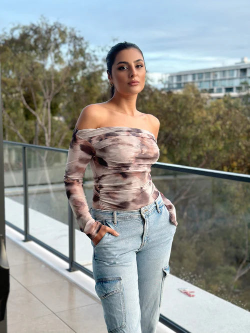 The Kinetic Muse: 3D-Print Mesh Off-Shoulder Crop Top