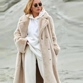 Elegant Off-White Double Breasted Furry Coat