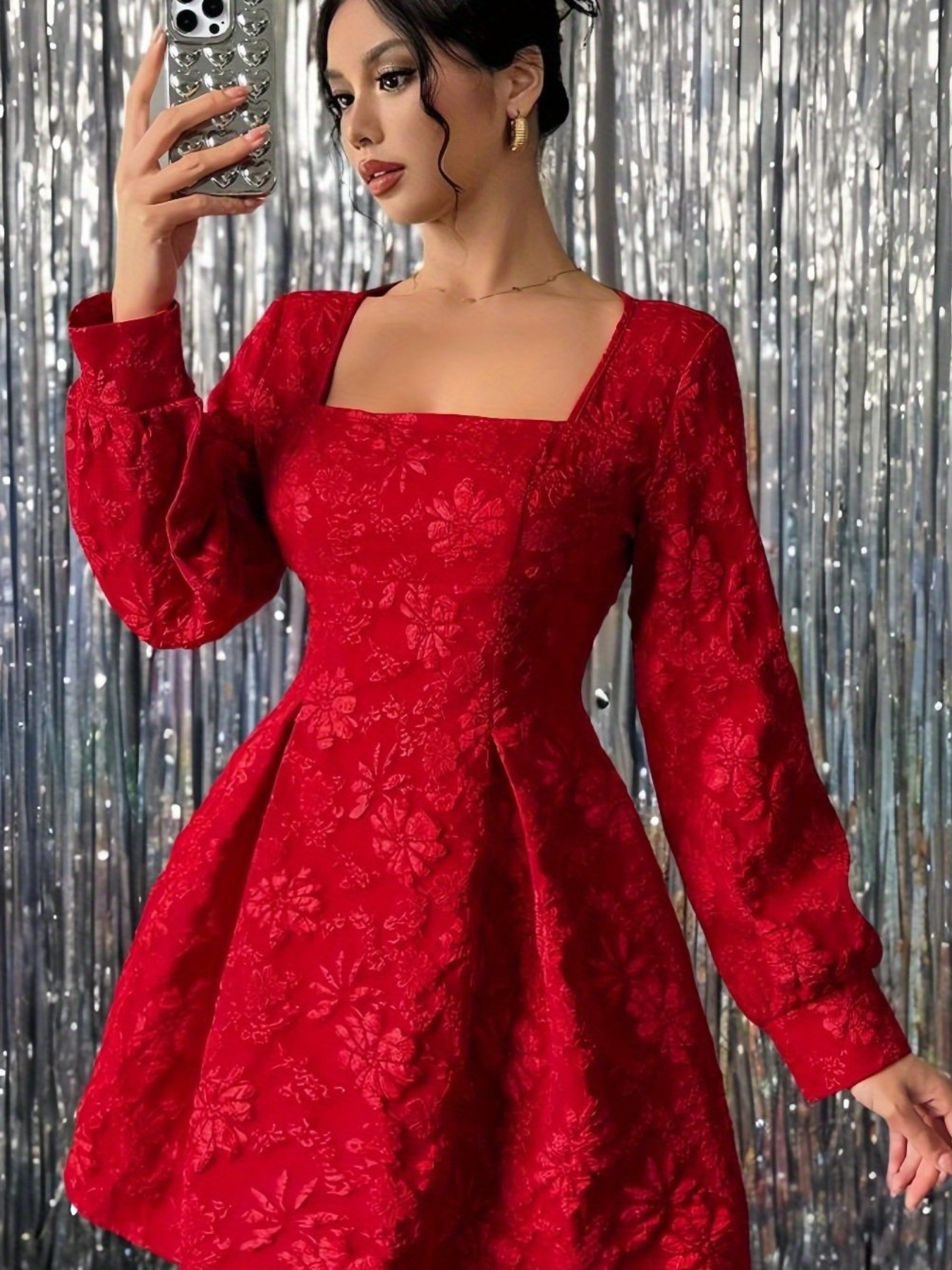 Timeless Red Elegance: Long Sleeve Flare Dress