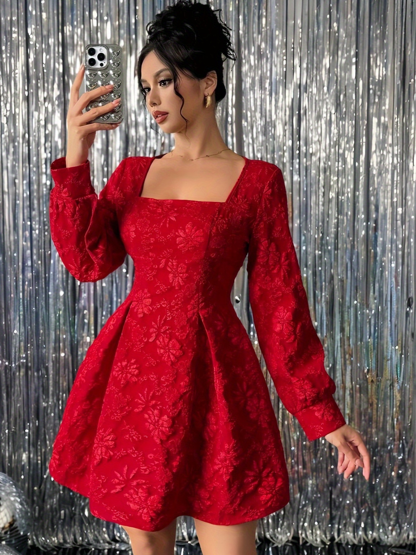 Timeless Red Elegance: Long Sleeve Flare Dress