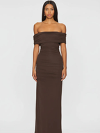 The Chocolate Muse: Sculptural Off-the-Shoulder Evening Gown